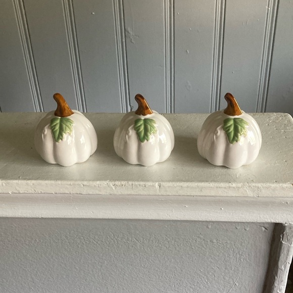 NWT- Set of 3- White- Green Leaf - Porcelain Glazed Fall Pumpkin Decorations 🍂 - Picture 13 of 16